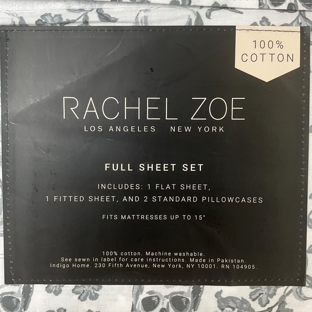 Rachel Zoe Full Sheet Set 100% Cotton Grey White Skull Floral Damask 4 Piece NEW - Picture 5 of 5